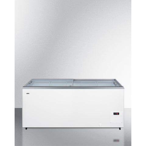 Accucold Flat top commercial ice cream freezer with sliding glass lid, digital thermostat, and novelty baskets (Model
