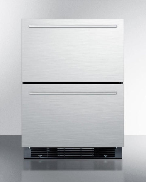 Accucold Commercially approved 24" wide built-in undercounter 2-drawer panel-ready refrigerator-freezer in stainless