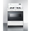 24" wide gas range in white with open burners, black door, oven window, high backguard, and spark ignition