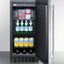 15" wide built-in outdoor refrigerator with black cabinet, stainless steel door, and lock