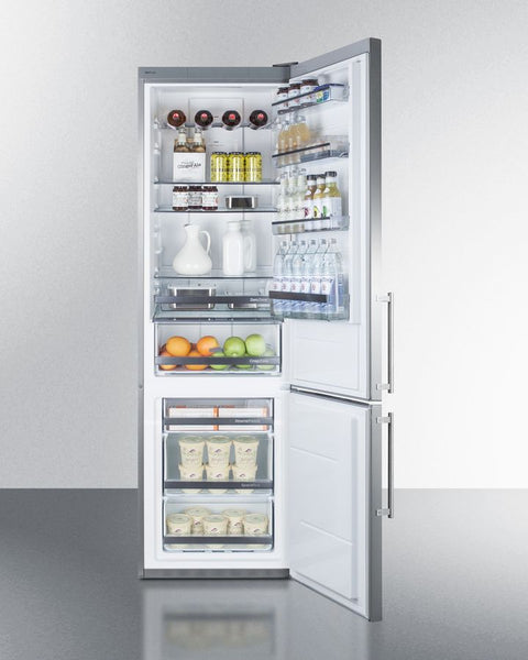 Accucold ENERGY STAR certified European counter depth bottom freezer refrigerator with stainless steel doors, platinum