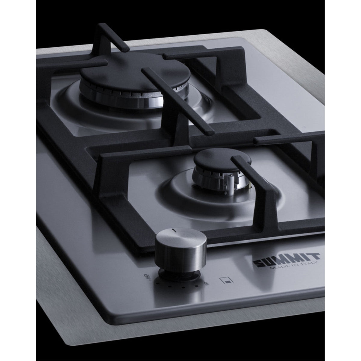 Accucold 2-burner LP gas cooktop made in Italy w/15" wide trim kit in stainless steel with cast iron grates