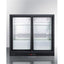 Commercial back bar beverage center for freestanding use, with sliding glass doors and stainless steel wrapped cabinet