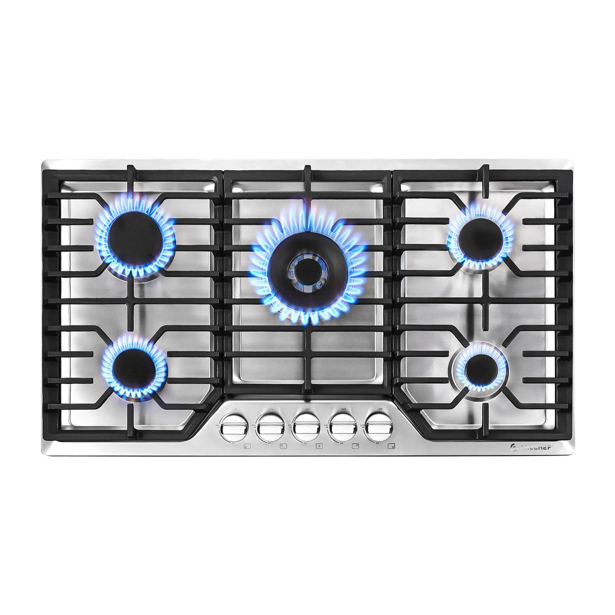 Accucold 5-burner gas cooktop made in Italy in stainless steel with 36" wide SS trim kit, sealed dual flame burner,