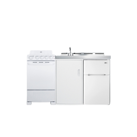 Accucold 60" wide all-in-one kitchenette with 2-burner 115V coil cooktop, refrigerator-freezer, sink, and storage