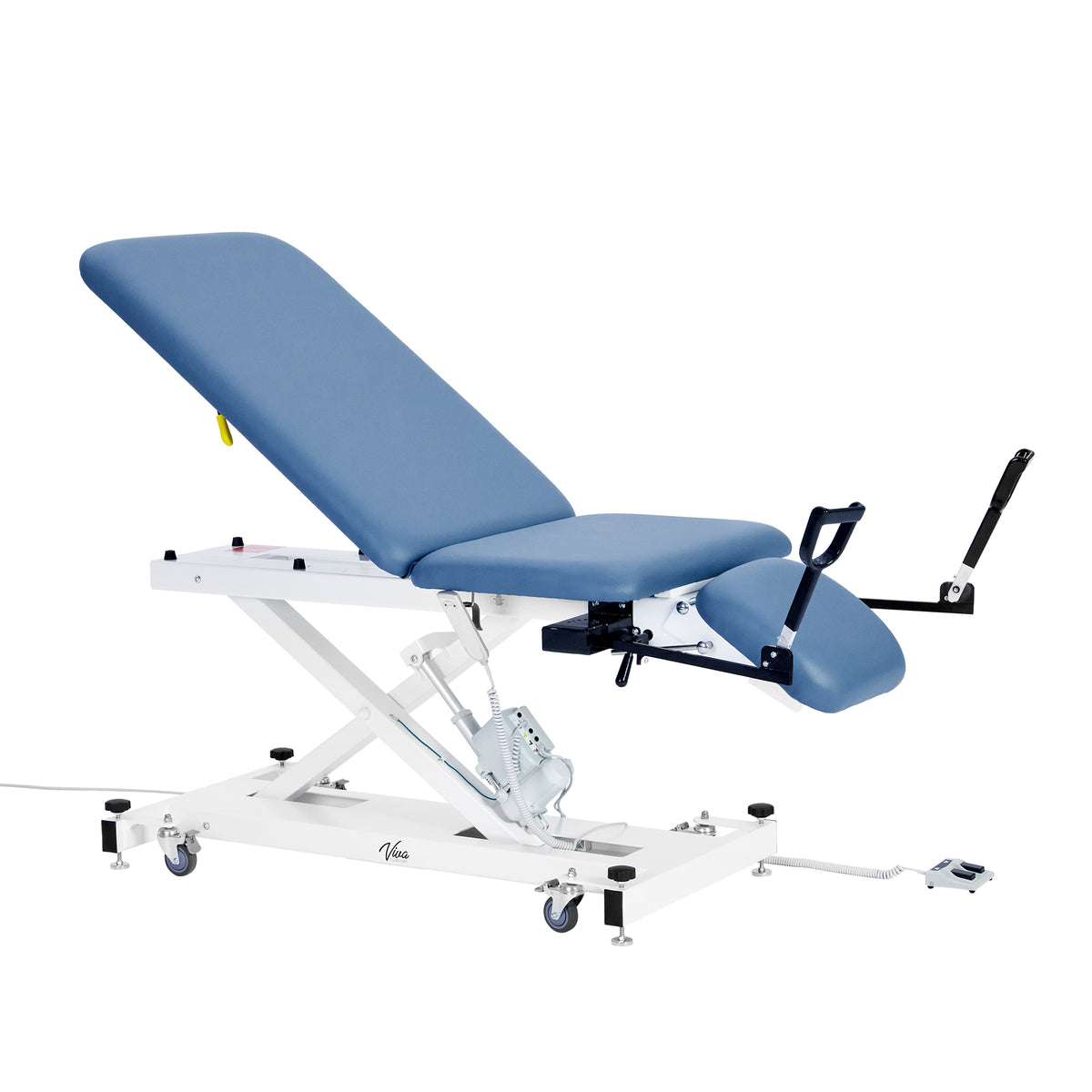 VivaComfort XRO Series 3-Section Electric Height and Back Adjustable Exam Table with Stirrups, 600 lbs Capacity, Blue