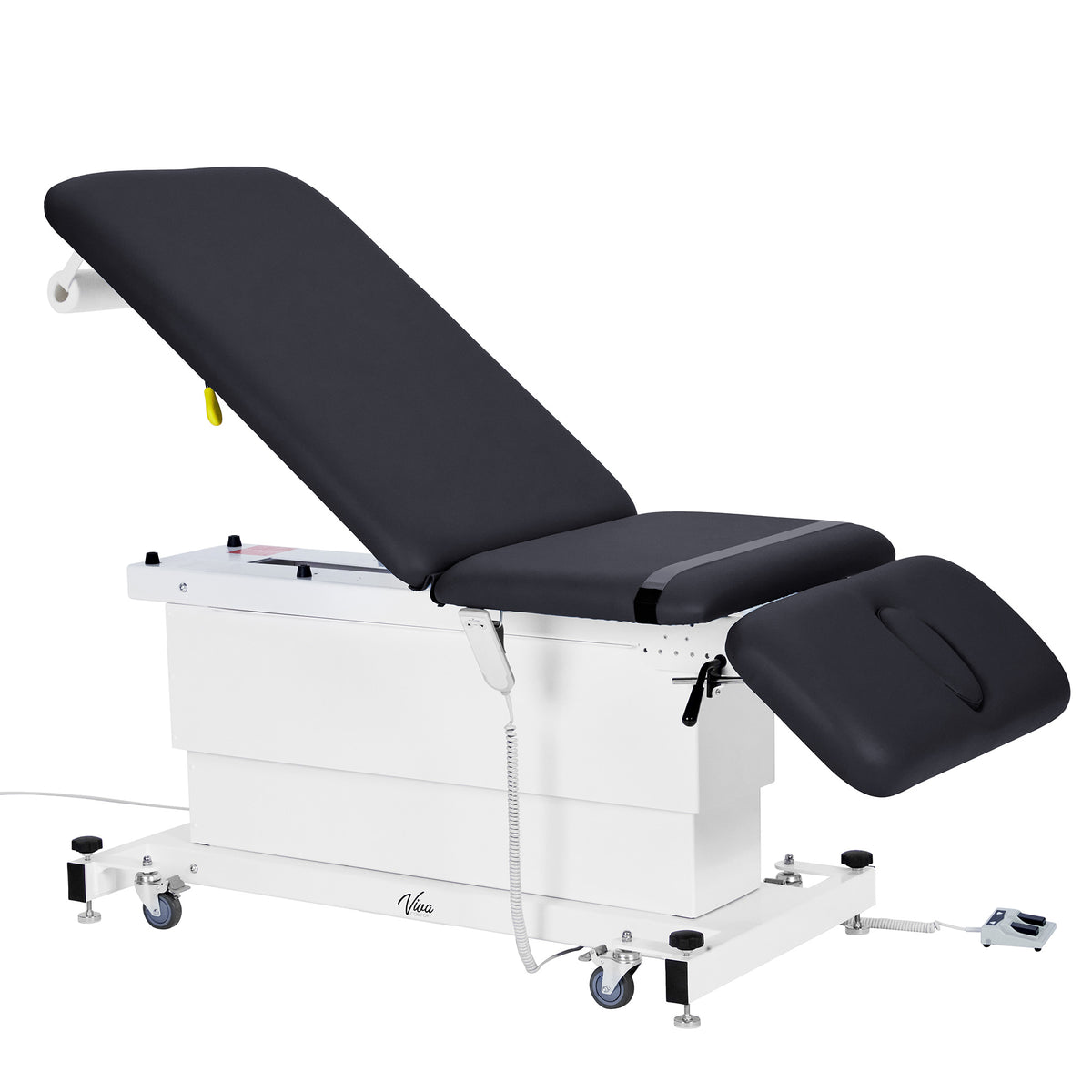 VivaComfort XRO Series 3-Section Electric Height and Back Adjustable Exam Table with Stirrups, 600 lb Capacity, Black