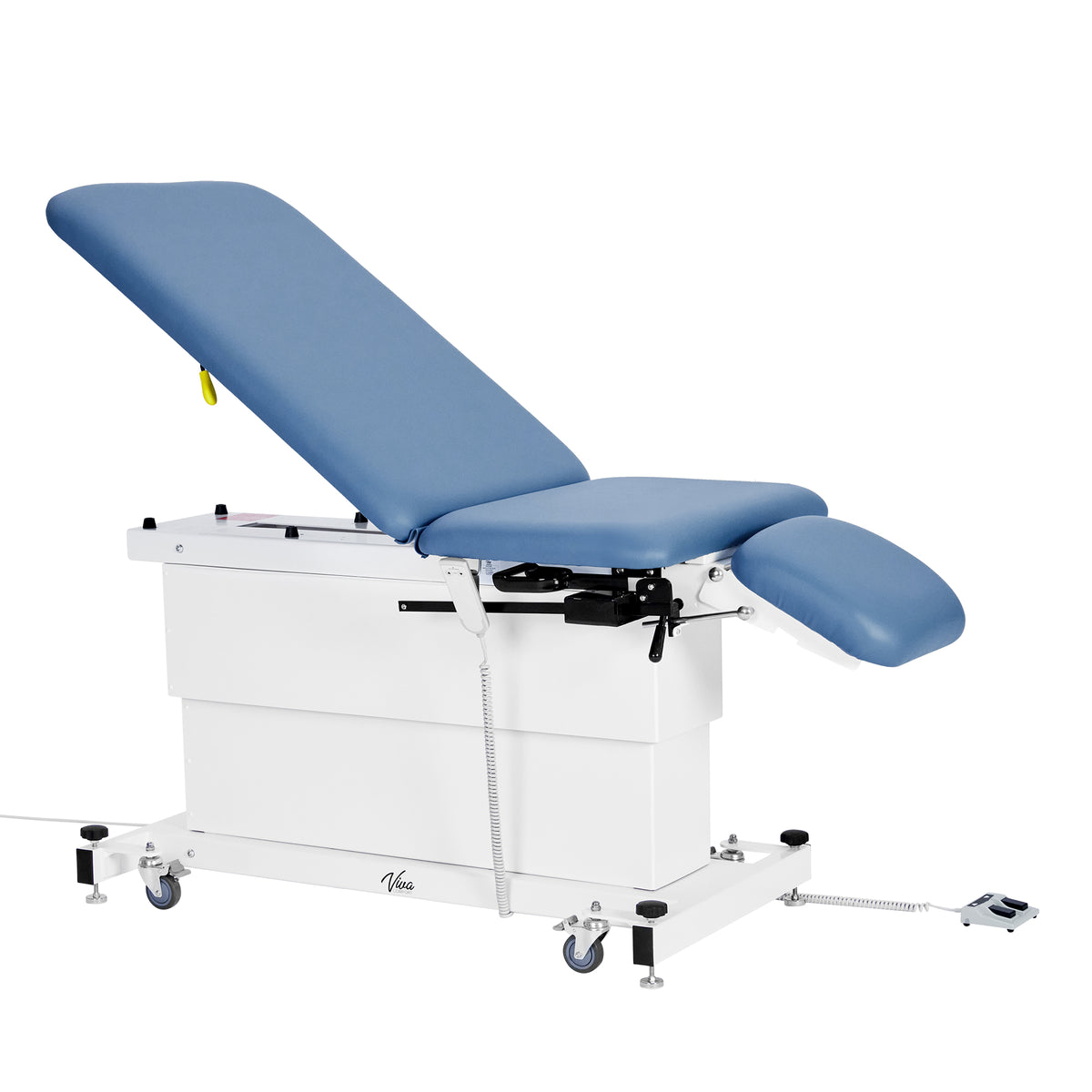 VivaComfort XRO Series 3-Section Electric Height and Back Adjustable Exam Table with Stirrups, 600 lb Capacity, Blue