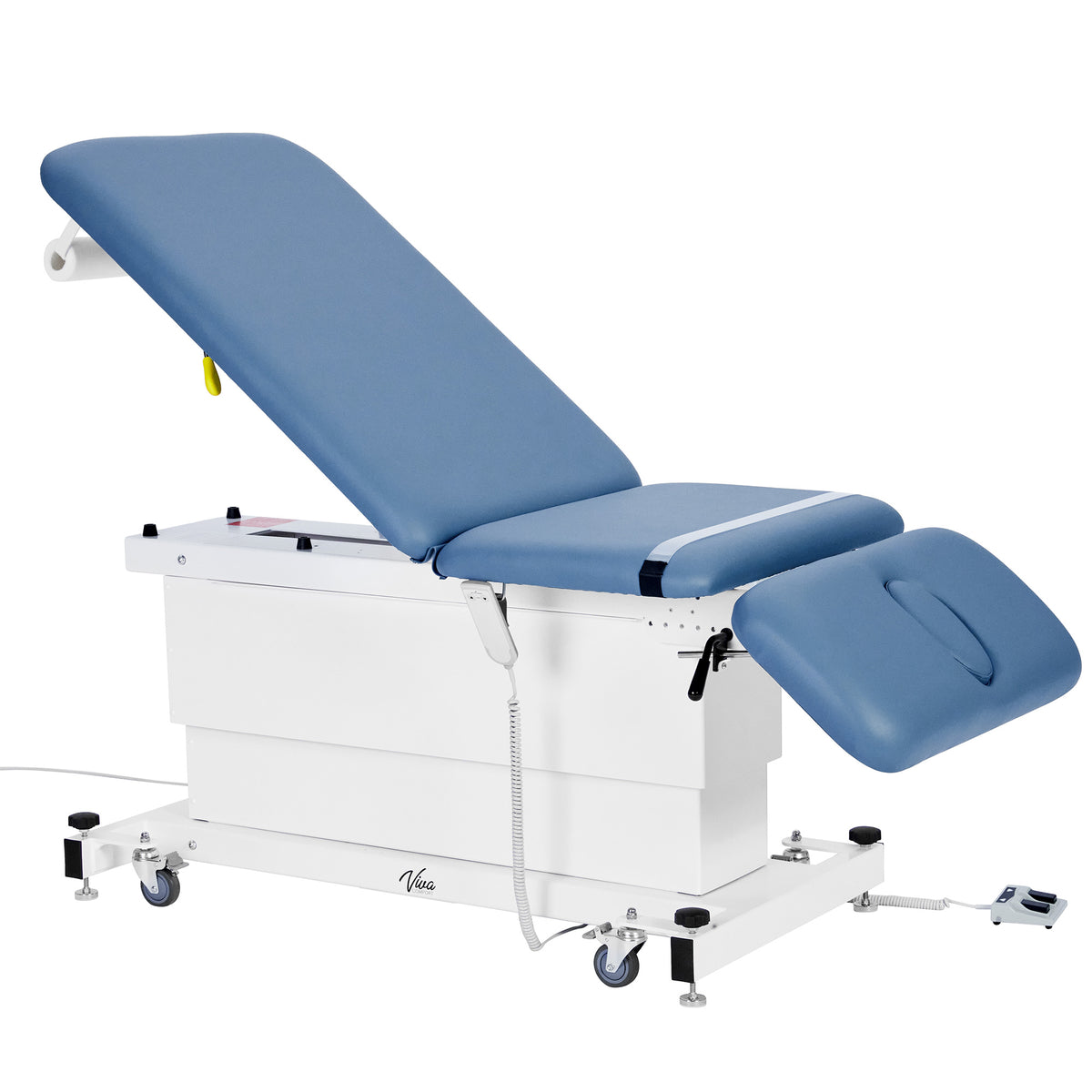 VivaComfort XRO Series 3-Section Electric Height and Back Adjustable Exam Table with Stirrups, 600 lb Capacity, Blue