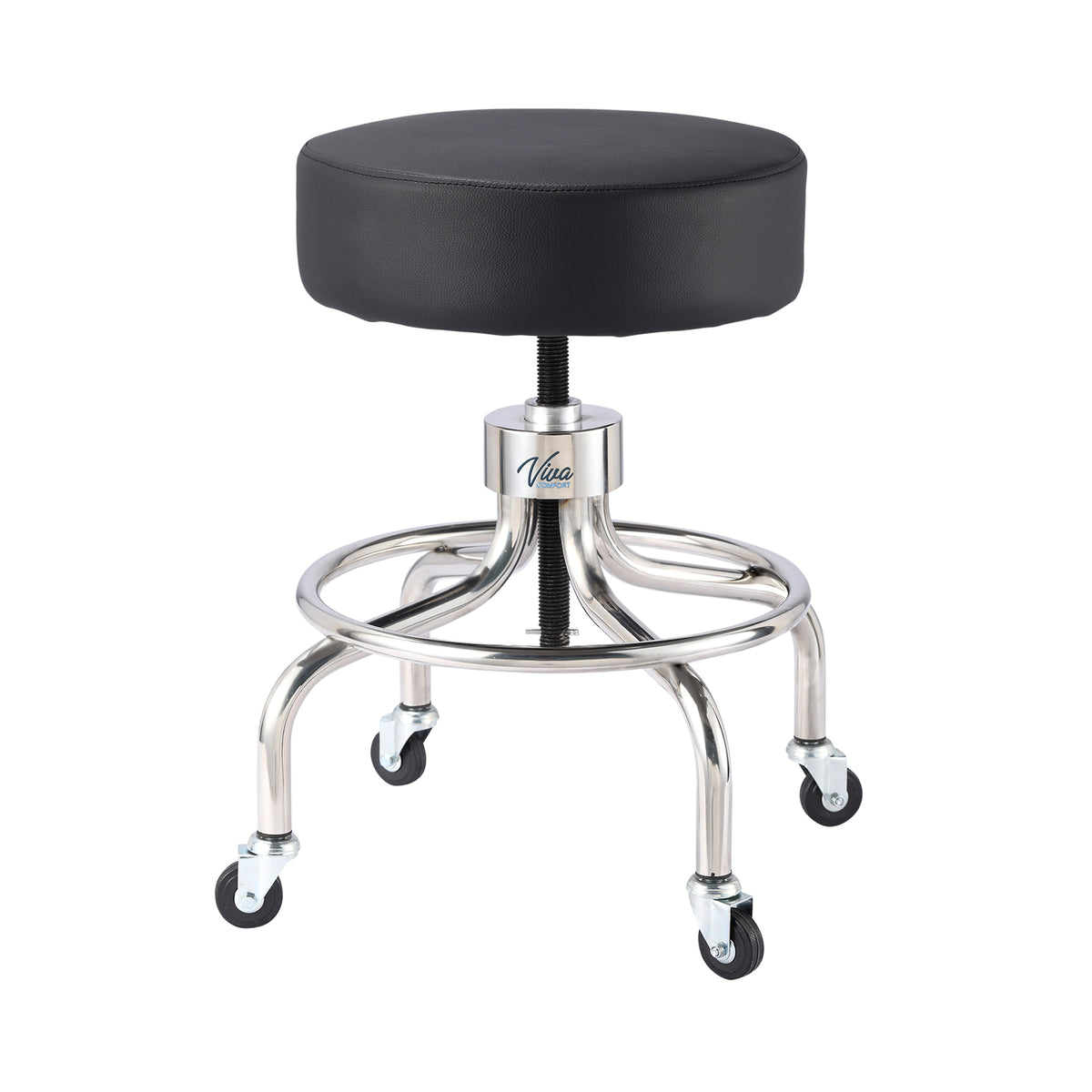 VivaComfort Pneumatic Height Control Antimicrobial Upholstery Exam Stool with Circular Foot Ring, 300 lb Capacity, Black