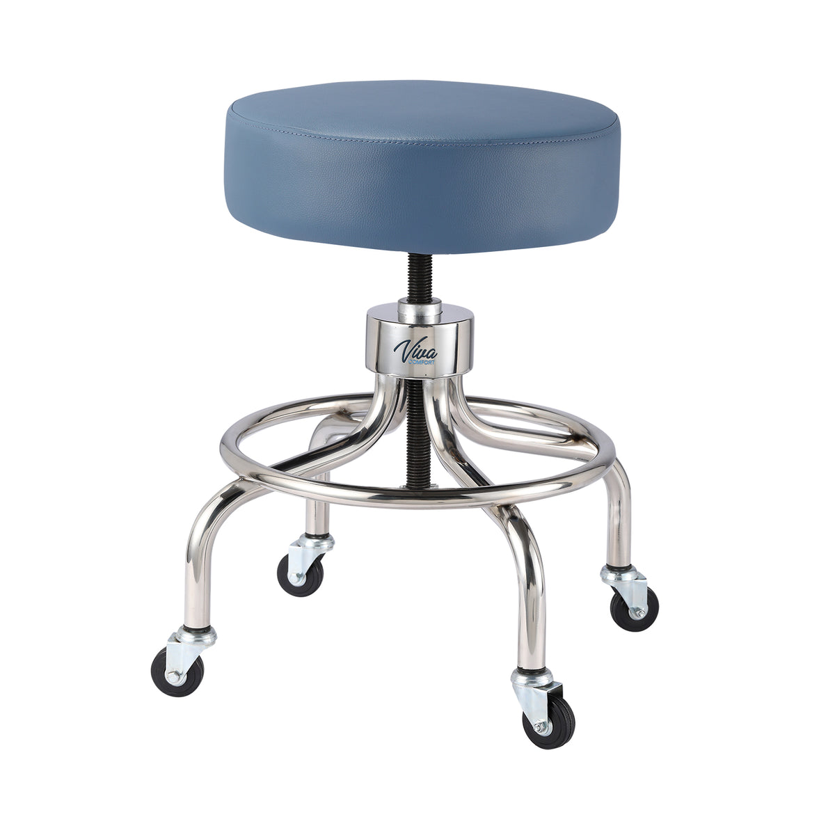 VivaComfort Pneumatic Height Control Antimicrobial Upholstery Exam Stool with Circular Foot Ring, 300 lb Capacity, Blue