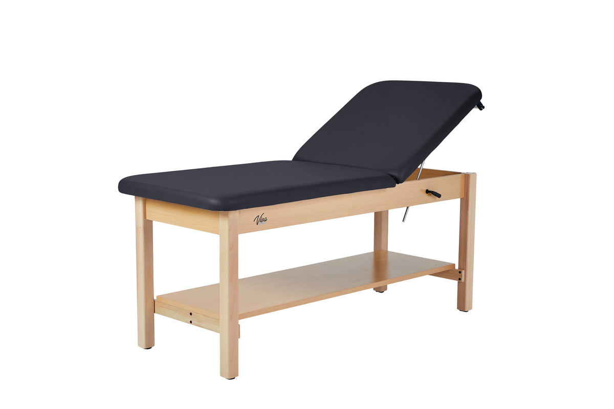 VivaComfort Aristo Wood H-Brace Physician Exam Table with Shelf and Adjustable Backrest, 30”, Black, 500 lb Capacity, Blue