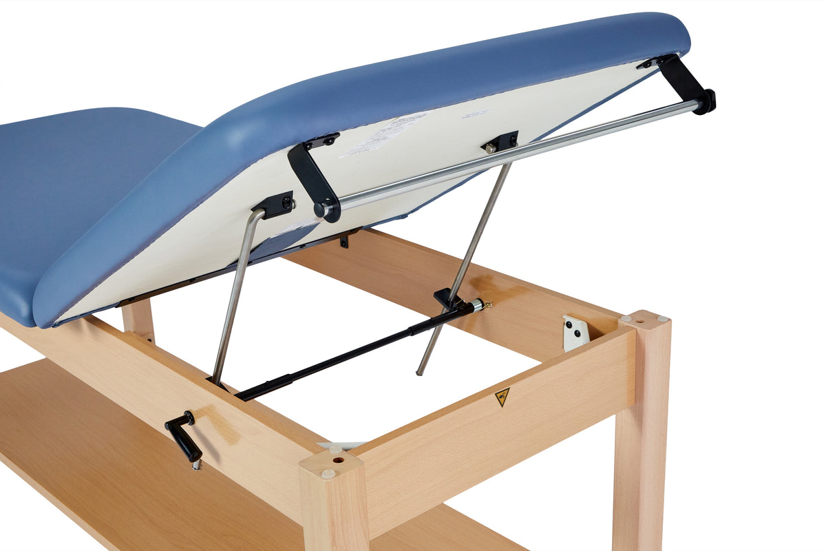 VivaComfort Aristo Wood H-Brace Physician Exam Table with Shelf and Adjustable Backrest, 30”, Black, 500 lb Capacity, Blue