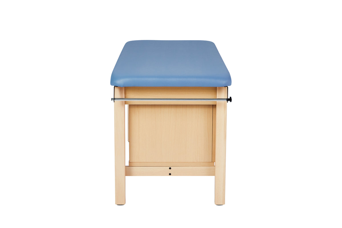 VivaComfort Aristo Wood H-Brace 27in. W x 72in. L Physician Exam Table with Shelf and Cabinet, 500 lb Capacity, Blue