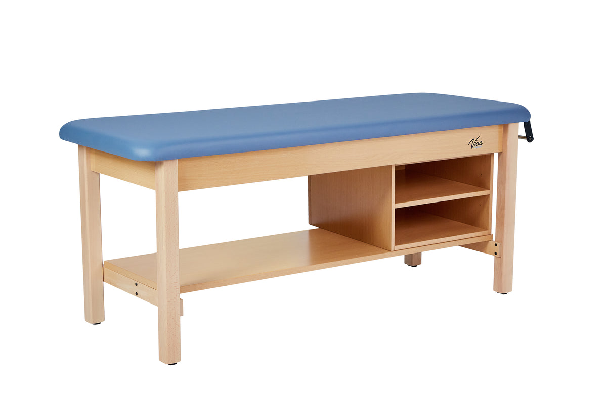 VivaComfort Aristo Wood H-Brace 27in. W x 72in. L Physician Exam Table with Shelf and Cabinet, 500 lb Capacity, Blue