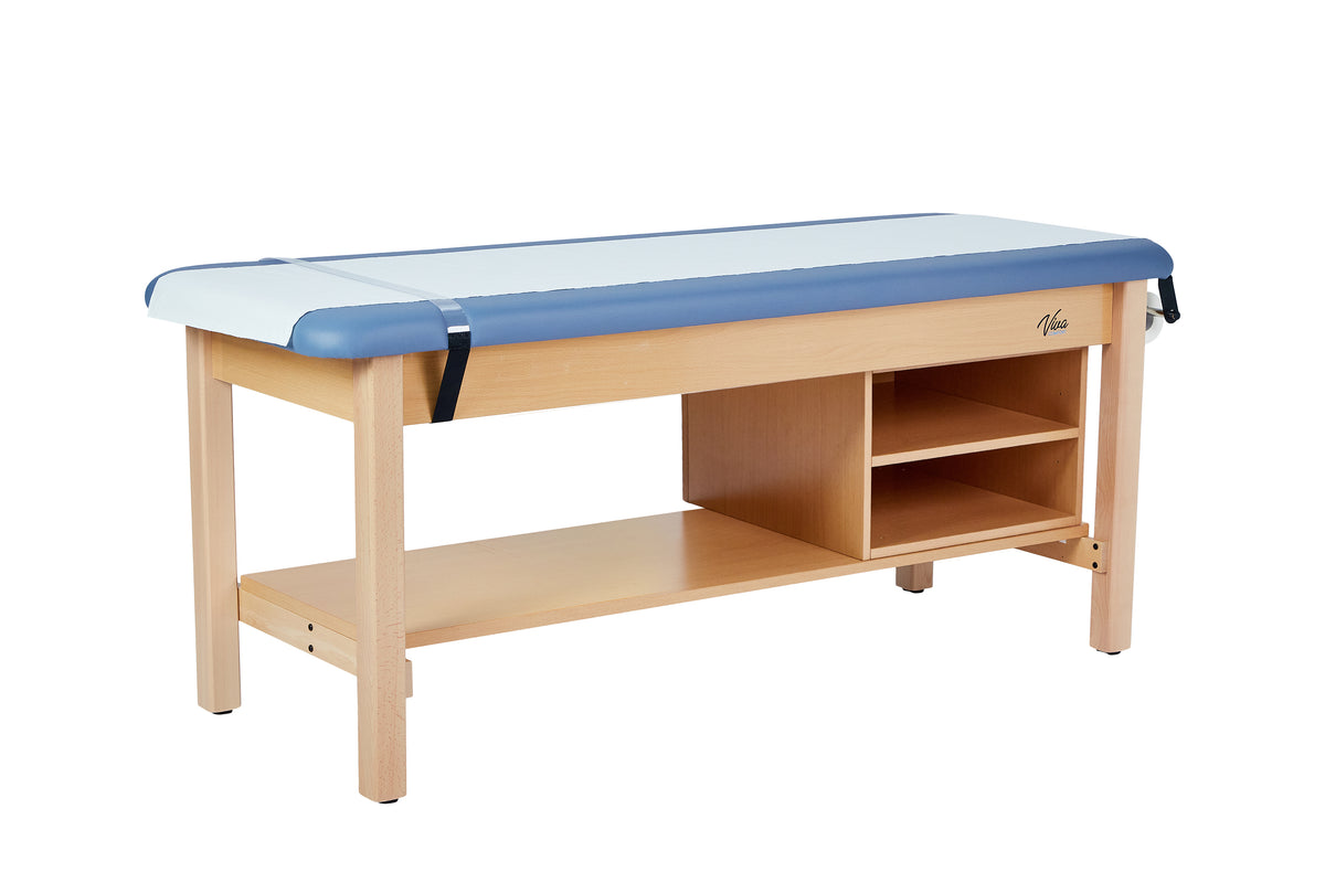VivaComfort Aristo Wood H-Brace 27in. W x 72in. L Physician Exam Table with Shelf and Cabinet, 500 lb Capacity, Blue