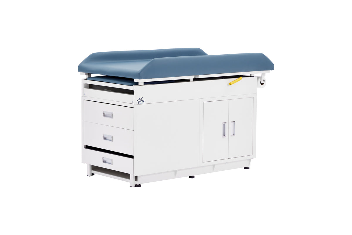 VivaComfort Steel Pediatric Grande Exam Table with Step Stool, Pull-Out Leg Rest, Dual Drawers & Cabinets, 500 lb Capacity, Blue