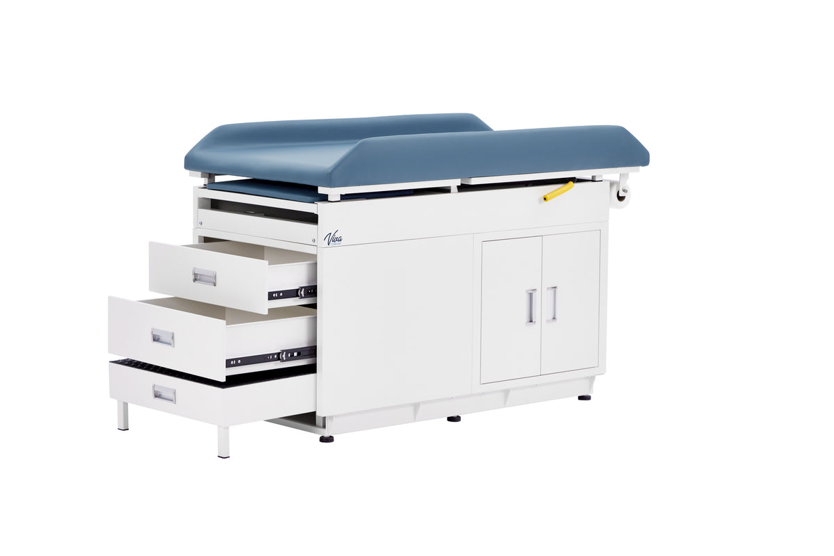 VivaComfort Steel Pediatric Grande Exam Table with Step Stool, Pull-Out Leg Rest, Dual Drawers & Cabinets, 500 lb Capacity, Blue