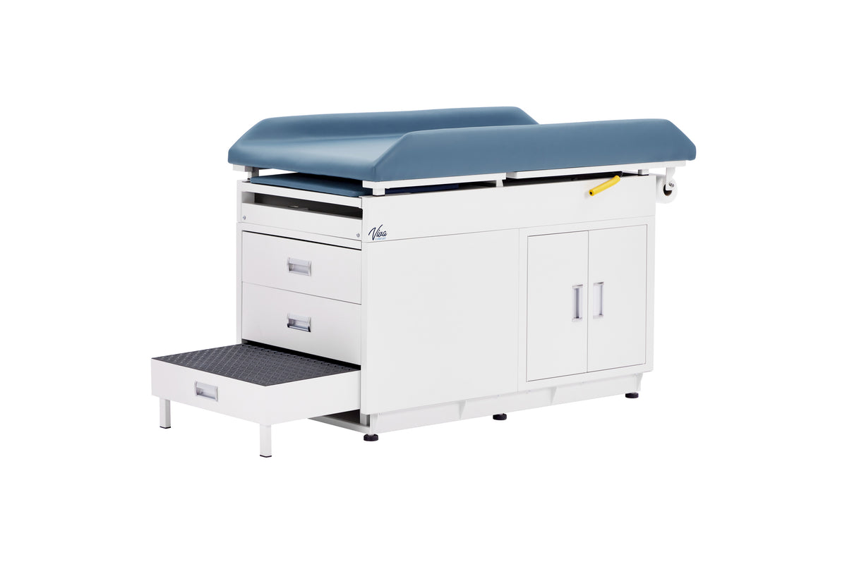 VivaComfort Steel Pediatric Grande Exam Table with Step Stool, Pull-Out Leg Rest, Dual Drawers & Cabinets, 500 lb Capacity, Blue