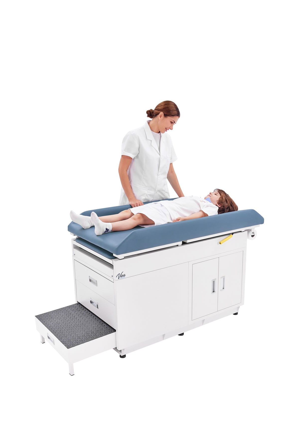 VivaComfort Steel Pediatric Grande Exam Table with Step Stool, Pull-Out Leg Rest, Dual Drawers & Cabinets, 500 lb Capacity, Blue