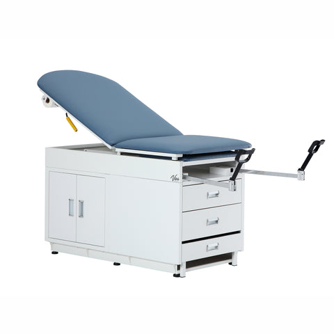 VivaComfort Grande Exam Adjustable Pelvic Tilt Exam Table with Steel Cabinet, Step Stool, Stirrups, 500 lb Capacity, Blu