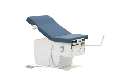 VivaComfort Pointe Power 450 lb Antimicrobial Upholstery Hi-Lo Exam Table with Pelvic Tilt and Stirrups, 450 lb Capacity, Blue