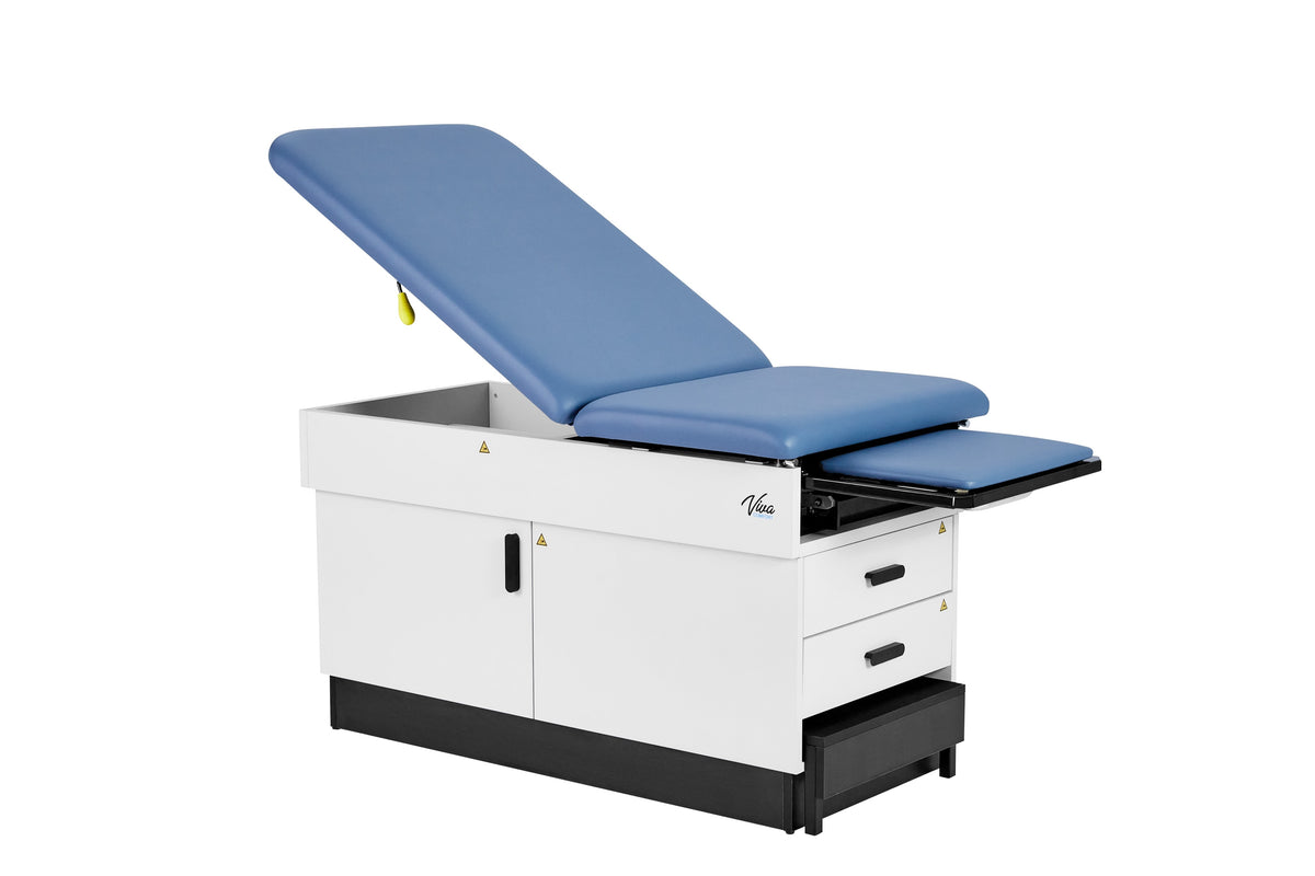 VivaComfort Slimline Exam Table Base with Leg Rest, Step Stool, and 2 Drawers, 420 lb Capacity, Blue