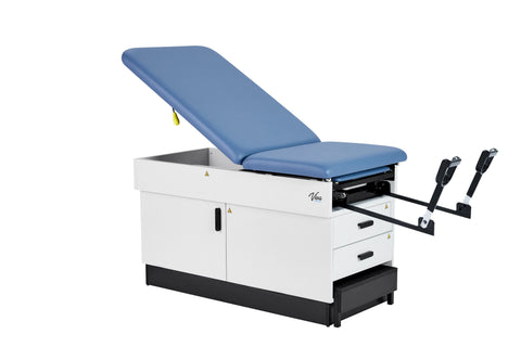 VivaComfort Slimline Exam Table Base with Leg Rest, Step Stool, 2 Drawers, and Stirrups, 420 lb Capacity, Blue