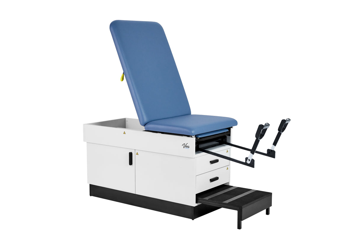 VivaComfort Slimline Exam Table Base with Leg Rest, Step Stool, 2 Drawers, and Stirrups, 420 lb Capacity, Blue