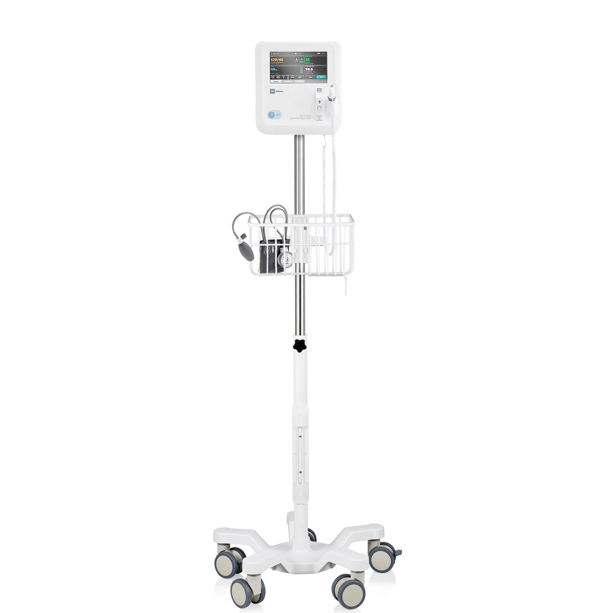 VivaComfort Adjustable Height Mobile Stand with Storage Basket for Welch Allyn 4400 Vital Signs Monitor, White