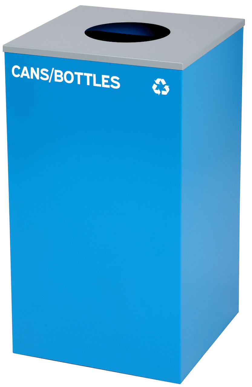 Square Recycling Bin – 29 Gallons - Blue Can, Circle Opening Lid,