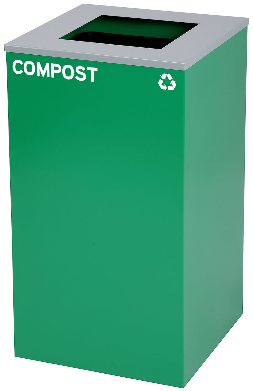 Square Recycling Bin – 29 Gallons - Green Can, Square Opening Lid,