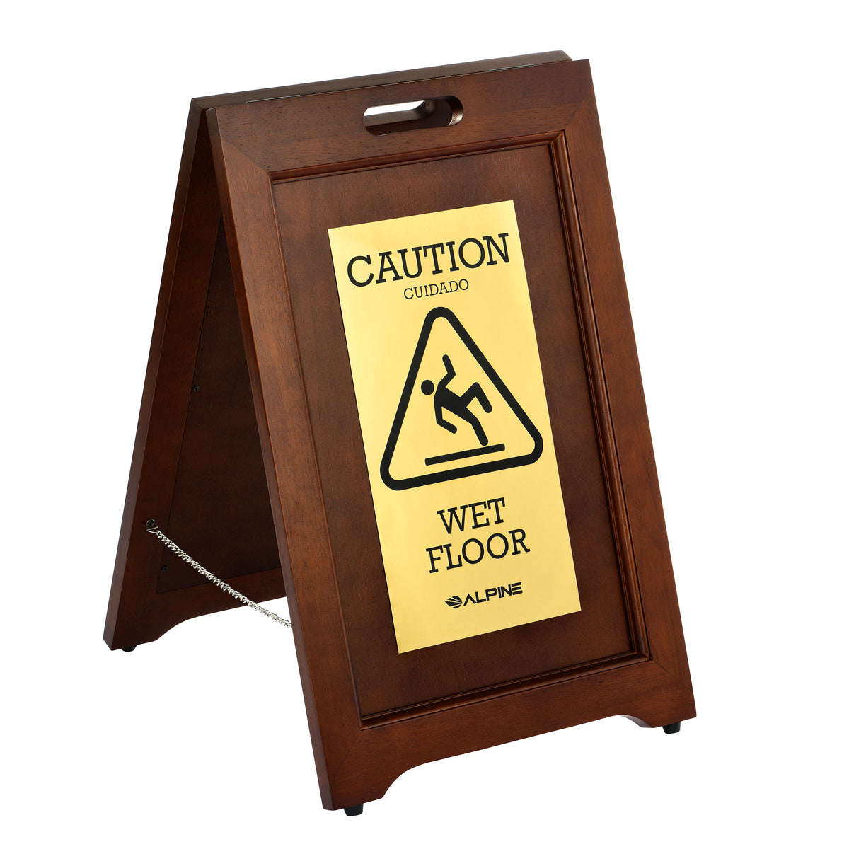 Alpine Industries 24 in. 2-Sided Brass Plated Wooden Bilingual Wet Floor Sign, Dark Brown