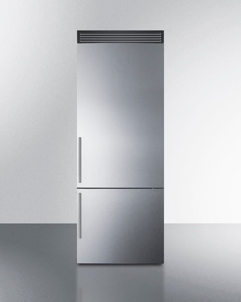 Frost-free bottom freezer refrigerator with factory-installed icemaker, handles, and grill to raise height to 72"