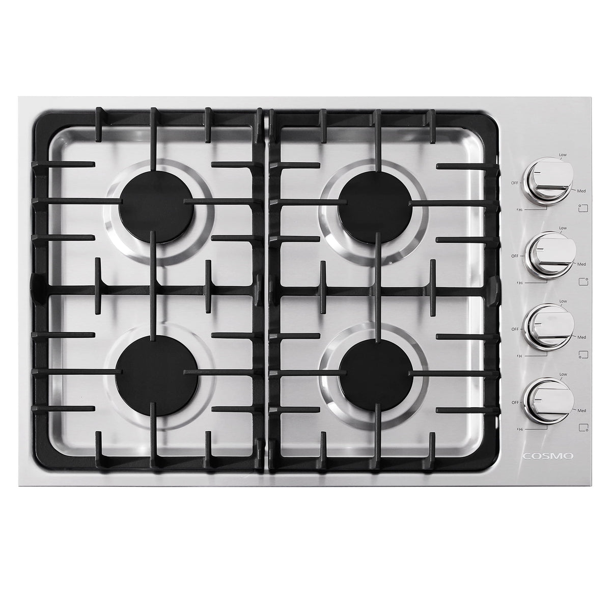 Accucold 4-burner LP gas cooktop made in Italy in stainless steel with cast iron grates
