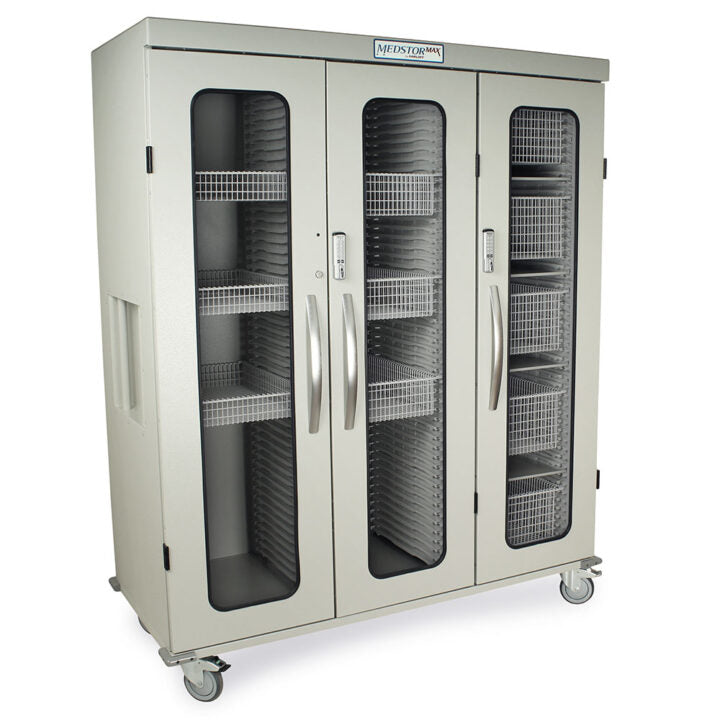 Harloff Triple Column Stationary Cabinet with three doors with tempered glass inserts, secured by two electronic keypad