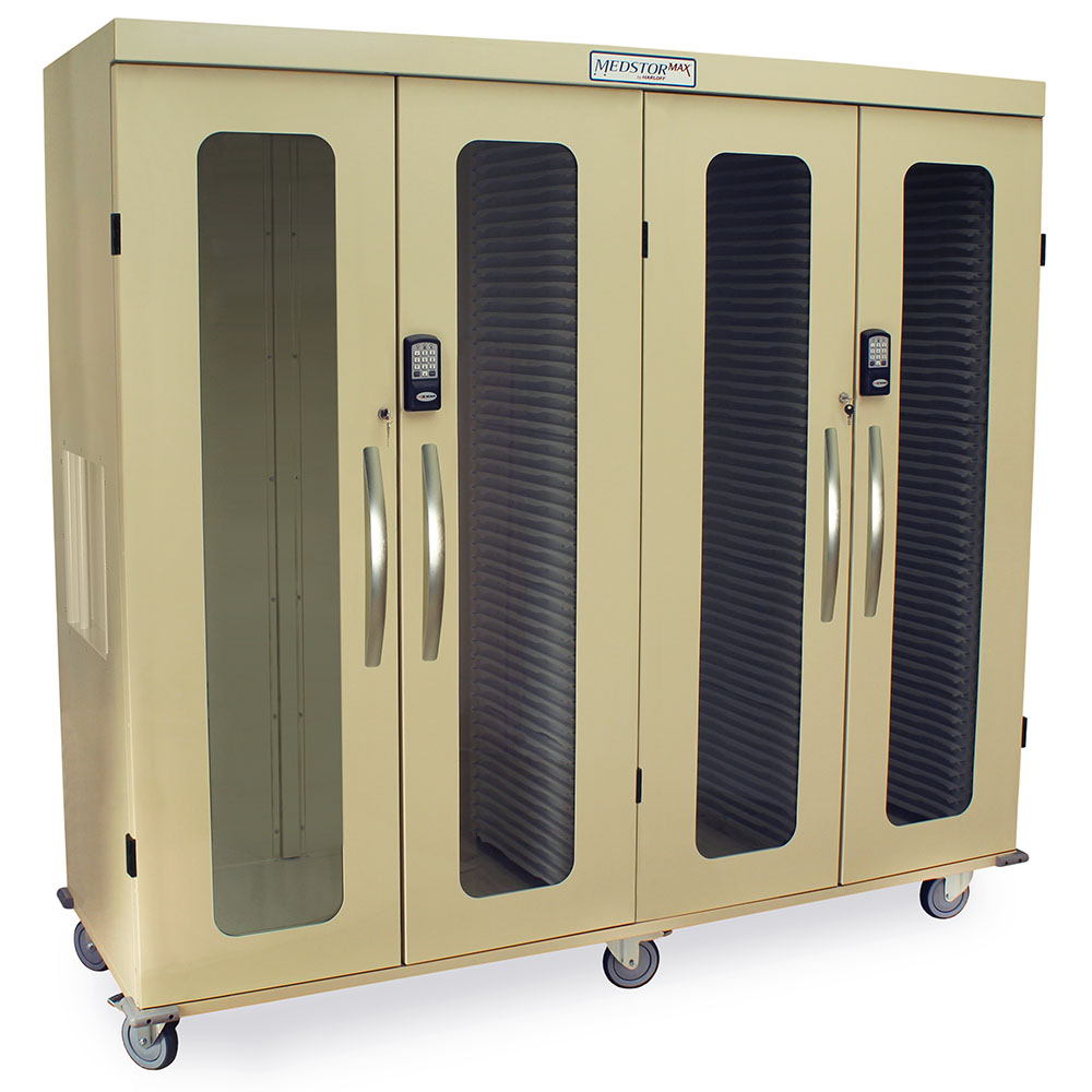 Harloff Quad Column Mobile Cabinet, Double Columns to Left With H+H Panels, Double Width Open Column to Right With