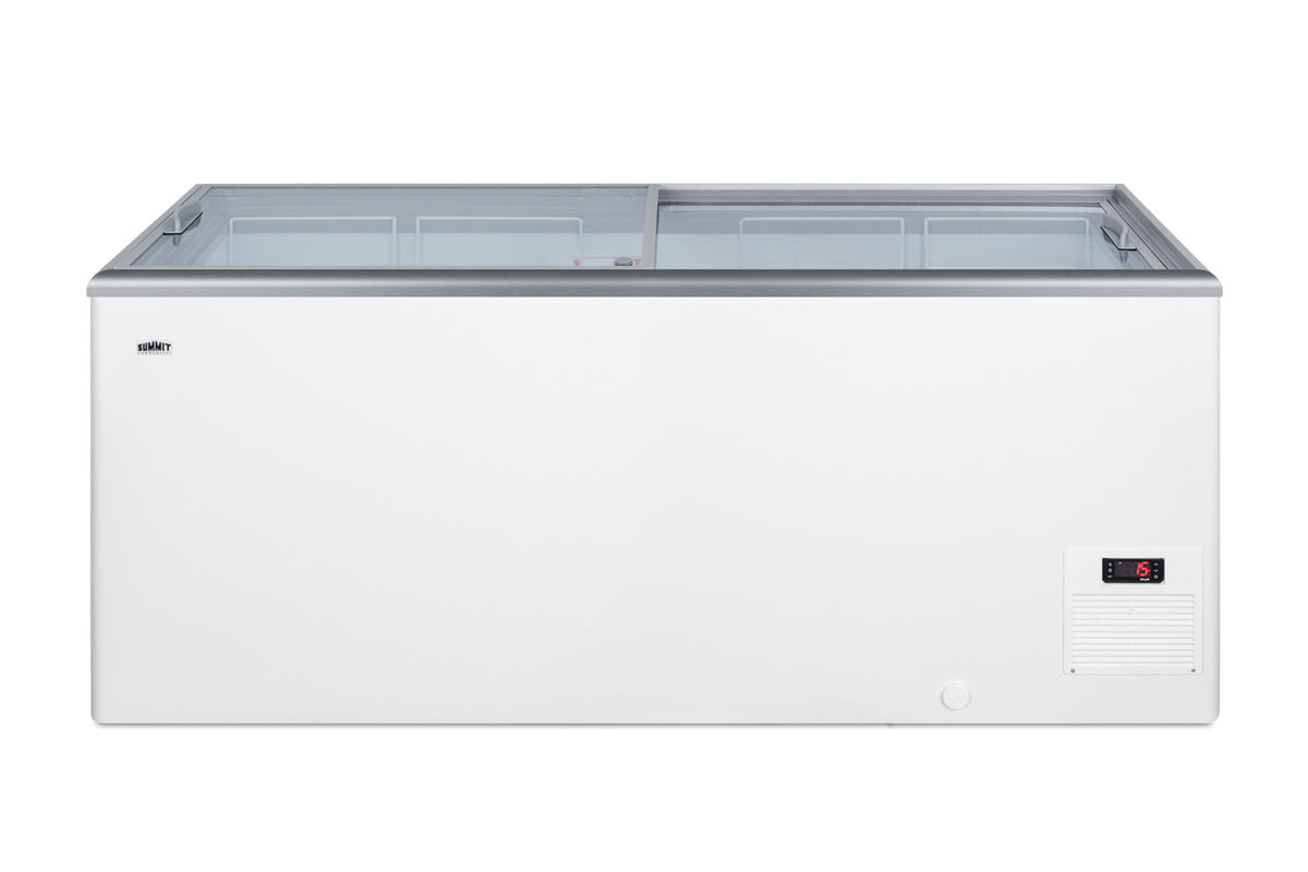 Flat top commercial ice cream freezer with sliding glass lid, digital thermostat, novelty baskets, and 16.6 cu.ft. capac