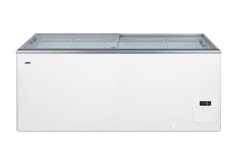Flat top commercial ice cream freezer with sliding glass lid, digital thermostat, novelty baskets, and 16.6 cu.ft. capac
