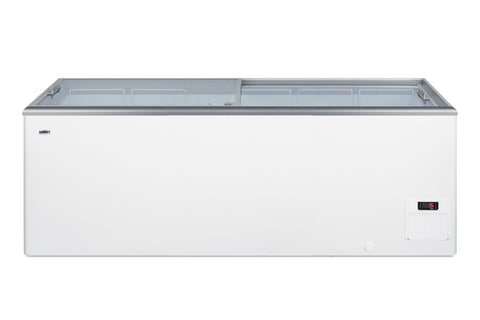 Flat top commercial ice cream freezer with sliding glass lid, digital thermostat, and novelty baskets