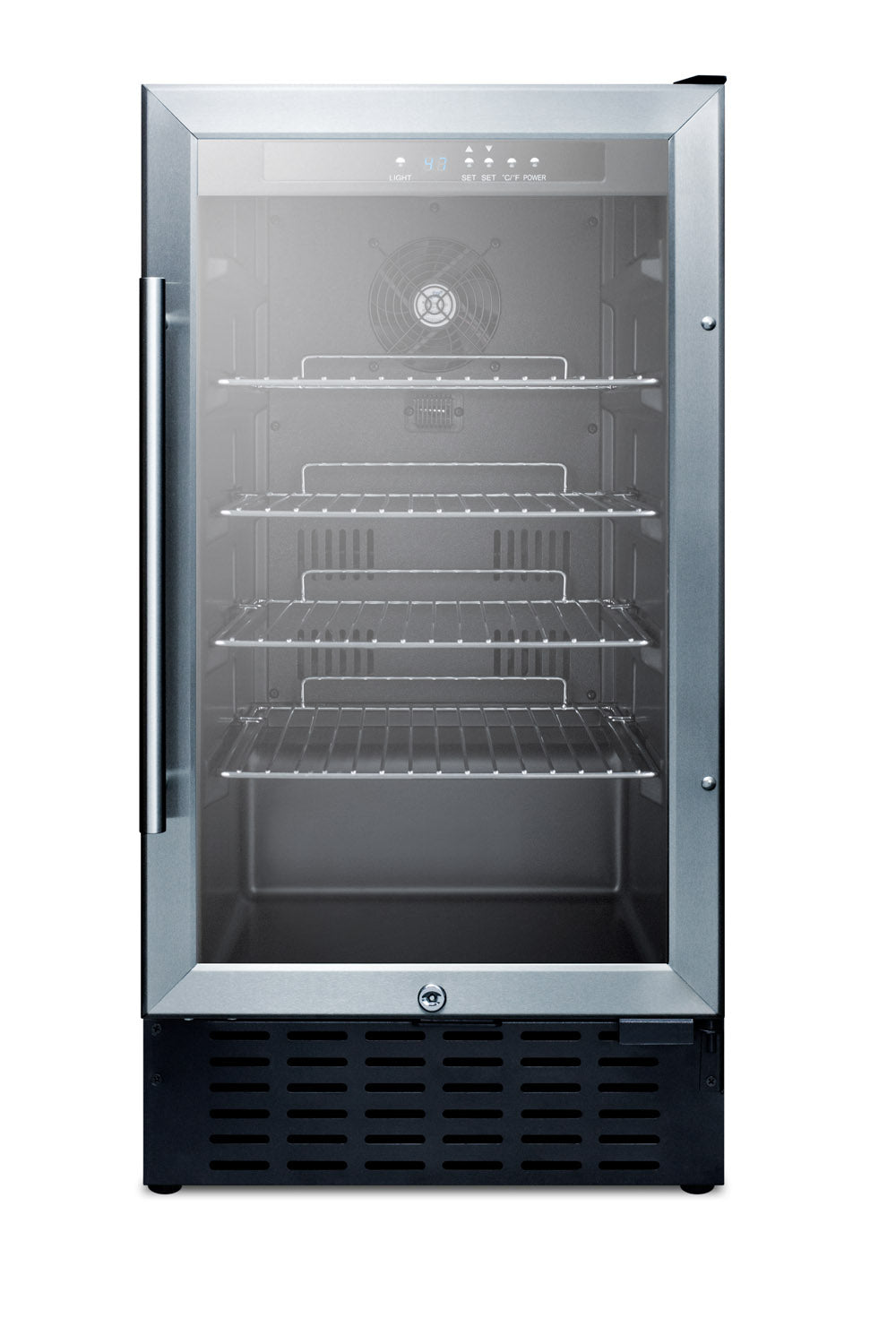 18" wide ADA compliant built-in undercounter glass door refrigerator with stainless steel wrapped cabinet, lock, and dig