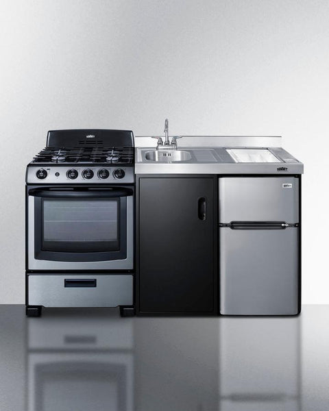 Accucold All-in-one combination kitchenette in black with refrigerator-freezer, sink, storage cabinet, and stainlses