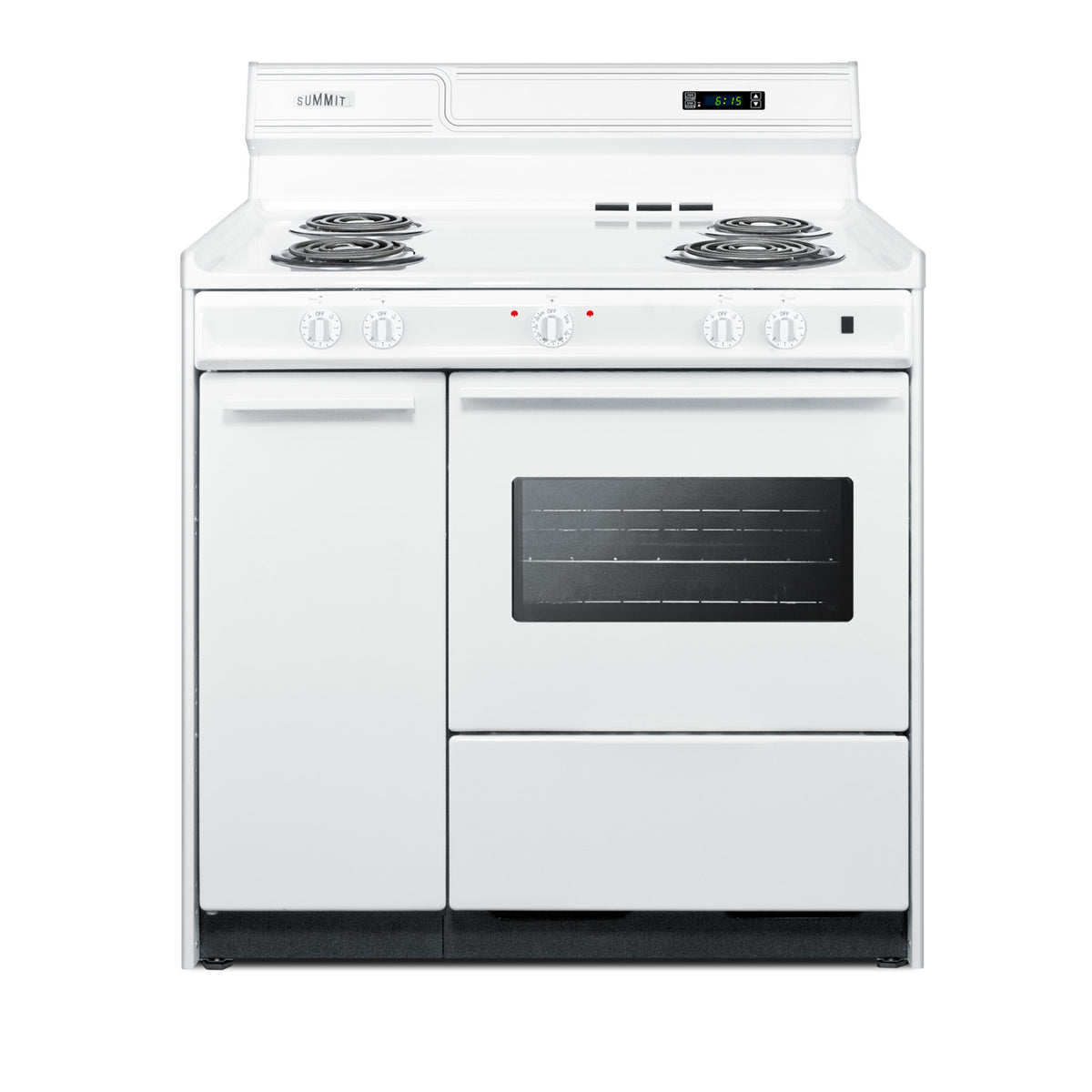36" wide electric coil top range in white with storage compartment, oven window, and high backguard