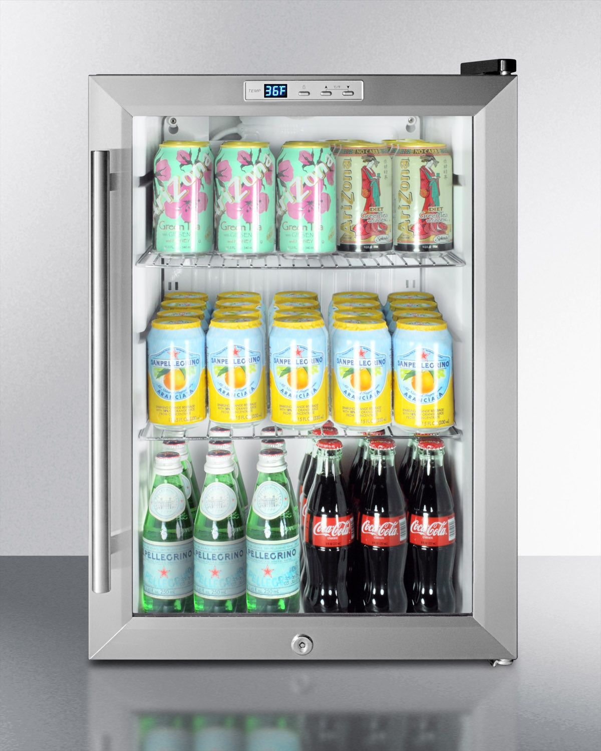 Accucold Commercially approved countertop beverage cooler with glass door, stainless steel cabinet, front lock, and