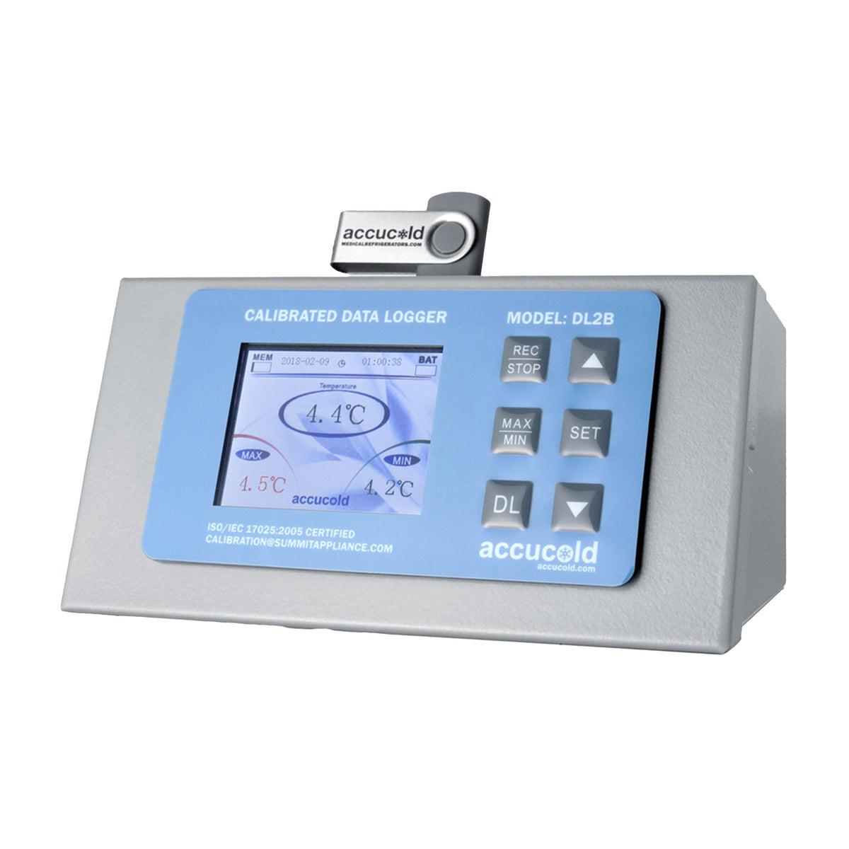 Accucold NIST calibrated USB temperature logger with large display, internal memory, and alarm factory-installed on