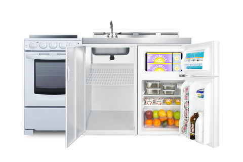Accucold 60" wide all-in-one kitchenette with 2-burner 115V smooth top cooktop, refrigerator-freezer, sink, and storage
