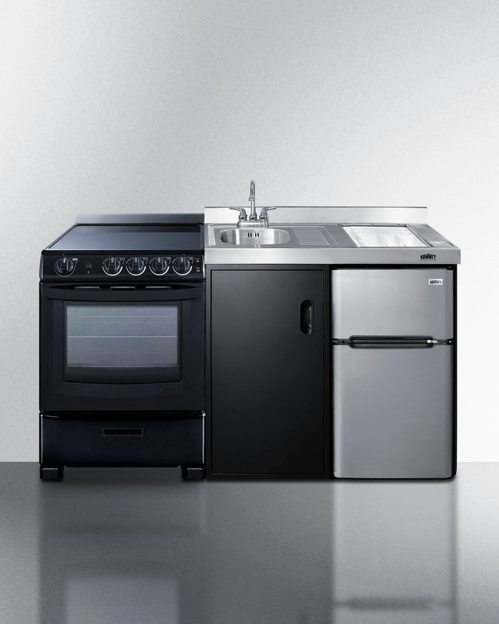 All-in-one combination kitchenette in black with refrigerator-freezer, sink, storage cabinet, and smooth-top range