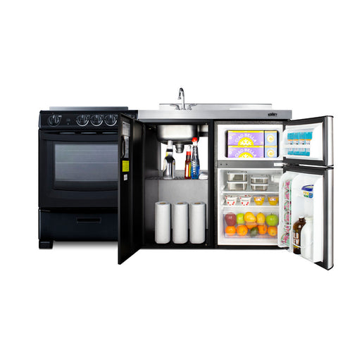 All-in-one combination kitchenette in black with refrigerator-freezer, sink, storage cabinet, and smooth-top range