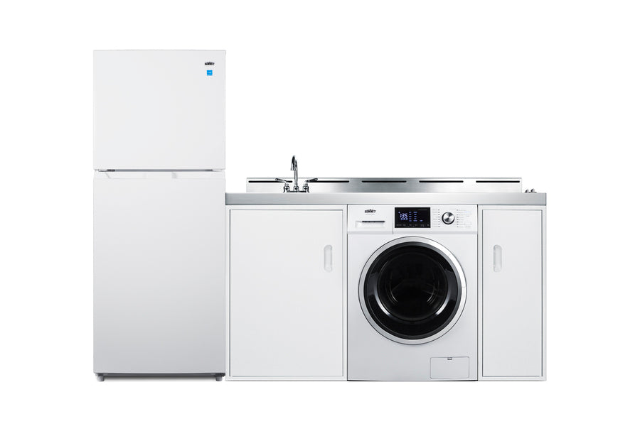 All-in-one combination kitchenette with full-sized refrigerator-freezer, 115V combo washer/dryer, sink, storage cabinet,