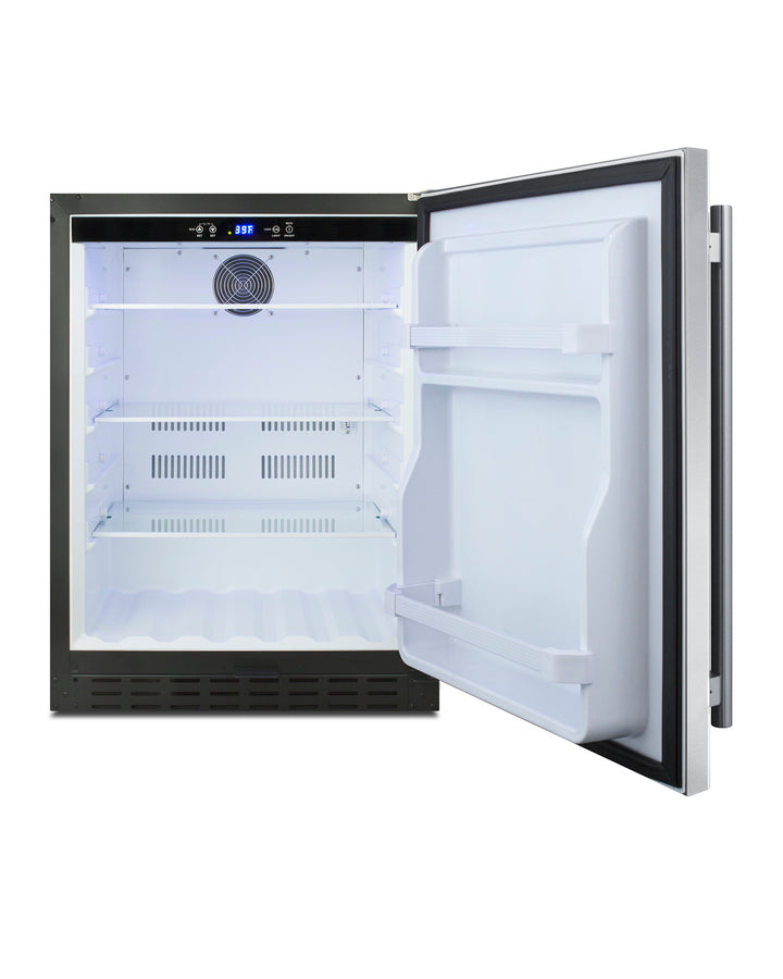 Built-in undercounter ADA compliant all-refrigerator with stainless steel door, black cabinet, door storage, lock, digit
